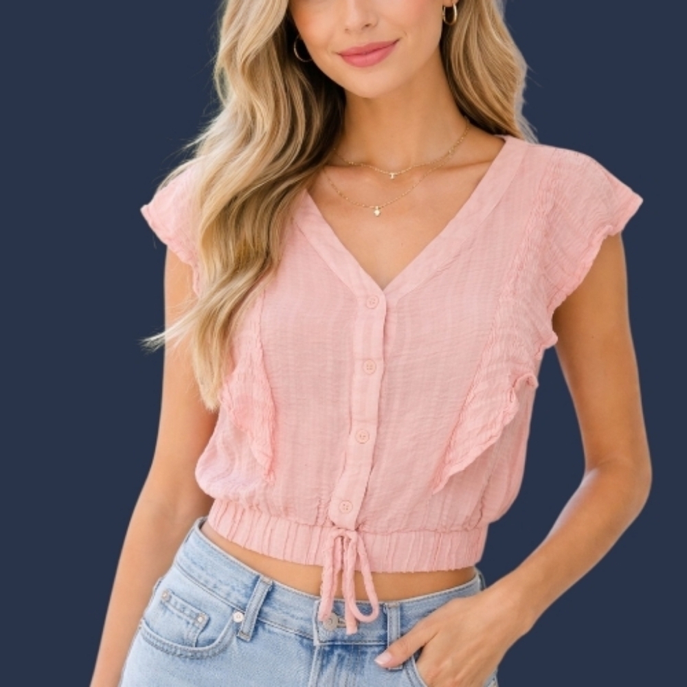 GOOD LUCK GEM Pink Cascade Ruffle Cropped Festival Shirt